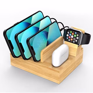 Bamboo Charging Station for Apple Devices, Alltripal 5 in 1 USB Charging Stand with Built-in Charging Port for AirPods & iWatch Holder, Docking Station Organizer for Phone/Tablet with Power Supply