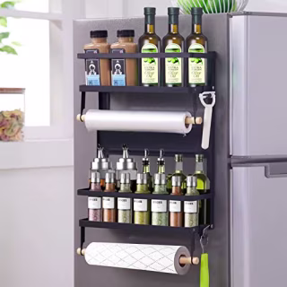 XIAPIA Magnetic Fridge Organizer Spice Rack with Paper Towel Holder and 5 Extra Hooks | 3 Tier Magnet Refrigerator Shelf in Kitchen Holds up to 45 LBS | 16x12x4 Inch Black