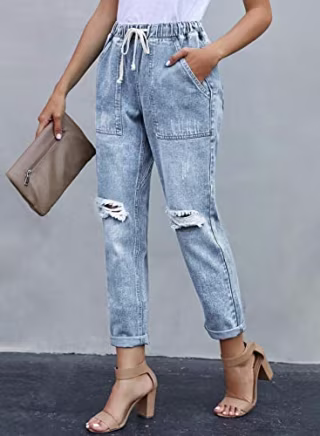 Sidefeel Women Distressed Pockets Denim Joggers Elastic Drawstring Waist Jeans Pants Large Light Blue