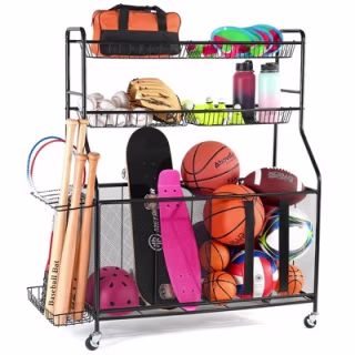 Ball Rack Organizer Holder For Garage - Indoor & Outdoor Large Garage Sports Equipment Organizer With Baskets, Rolling Wheels & Breaks