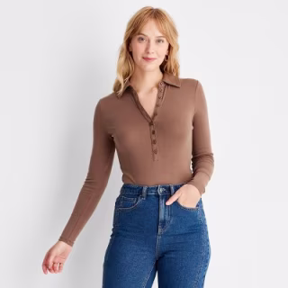 Women's Long Sleeve Henley Collared Button-Front Bodysuit - Future Collective(TM) with Reese Blutstein