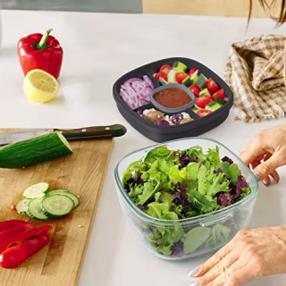 Bentgo(R) Glass All-in-One Salad Container - Large 61-oz Salad Bowl, 4-Compartment Bento-Style Tray for Toppings, 3-oz Sauce Container for Dressings, and Built-In Reusable Fork (Dark Gray)
