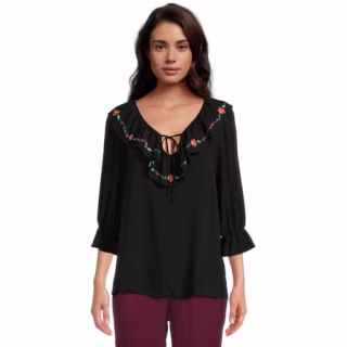 The Pioneer Woman Wide V-Neck Ruffle Blouse, Women's