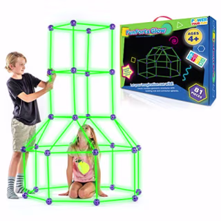 Fun Forts Glow Kids Tent for Kids - 81 Pack STEM Toys Glow in The Dark Fort Building Kit, Building Toys Play Tent Indoor and Outdoor Playhouse for Kids Construction Toys with 52 Rods and 28 Spheres