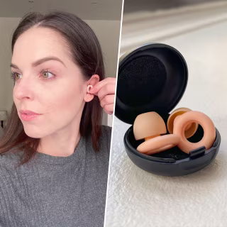 Split image of someone using Loop Earplugs and the earplugs in a black case