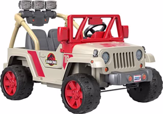 Power Wheels Jurassic Park Jeep Wrangler Kids Ride-on Car with Dinosaur Sounds and Functioning Light Bar, Seats 2