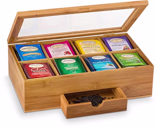 Premium Bamboo Tea Box Organizer - Wood Tea Chest with Slide-Out Drawer & Acrylic Window, Magnet Lid Keeps Teabag Fresh - Countertop & Cabinet Organization (Teabags Not Included) - Christmas Gift Idea