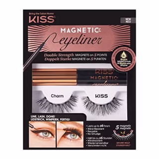KISS Magnetic Eyeliner & Lash Kit, Charm, 1 Pair of Synthetic False Eyelashes With 5 Double Strength Magnets and Smudge Proof, Biotin Infused Black Magnetic Eyeliner with Precision Tip Brush