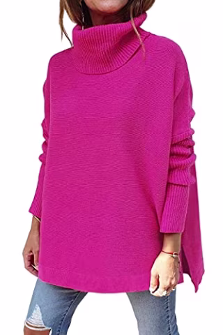 LILLUSORY Hot Pink Turtleneck Oversized Sweaters 2022 Fall Long Batwing Sleeve Spilt Hem Tunic Pullover Sweater Knit Tops