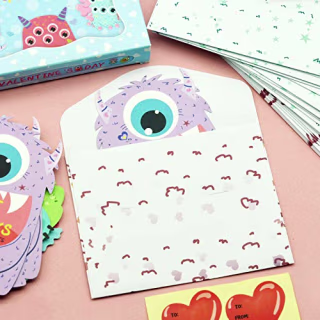 Valentine's Day Cards 25 Sets Foldable Monster Valentines Day Cards for Kids with Cute Envelopes and Heart-shaped Stickers Attractive Gift for School Exchange Party