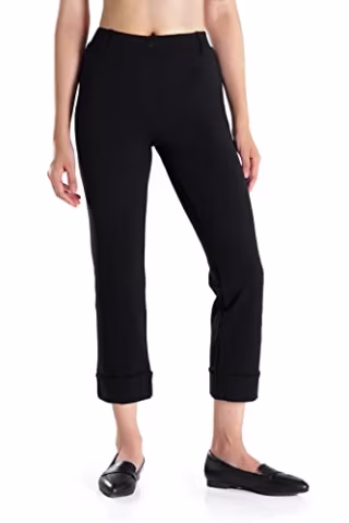 Yogipace,Belt Loops, Petite Women's 22" Cropped Yoga Dress Pants Relaxed Fit Pull-On Straight Leg Pant for Work Office,Black,Size L