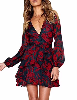 UGUEST Women Long Sleeve V Neck Dress Floral Mini Swing Party Wedding Dress with Belt Charcoal Red S