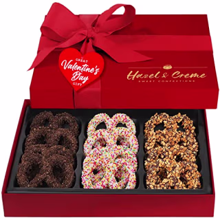 Hazel & Creme Chocolate Covered Pretzel Gift Box - Valentines Gourmet Pretzels - Food Gift - Anniversary, Birthday, Corporate, Holiday Gourmet Gift