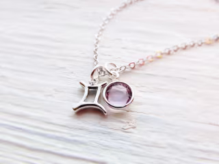 Silver Zodiac Birthstone Necklace, Personalized Astrology Gifts, Astrological Gift for Her with Zodiac Sign Birth Month Stone Crystal Charm