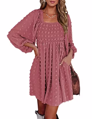 BTFBM Women 2023 Spring Summer Square Neck Smocked Dresses Long Sleeve Floral Swiss Dot Ruffle Party Mini Babydoll Dress(Swiss Dot Bean Paste Red, Medium)
