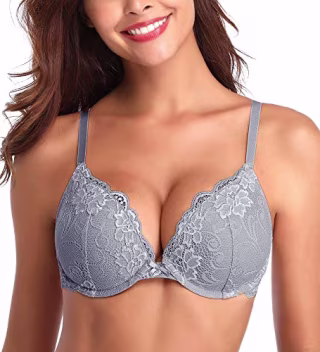Deyllo Women's Push Up Lace Bra Comfort Padded Underwire Bra Lift Up Add One Cup(Grey,32DD