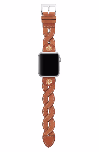 Tory Burch Braided Leather Apple Watch(R) Strap in Caramel at Nordstrom
