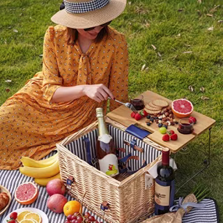 Wicker Picnic Basket for 2 Persons Picnic Kit, Willow Hamper Service Gift Set with Bamboo Wine Table for Camping and Outdoor Party