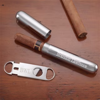 Engraved Silver Cigar Case and Cutter Set