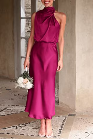 PRETTYGARDEN Women's 2023 Summer Satin Dress Elegant Sleeveless Mock Neck Cocktail Party Maxi Dresses (Dusty Pink,Medium)