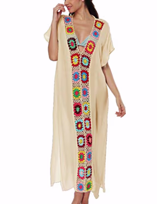 Crochet Floral Colorblock Beach Short Sleeve Swimsuit Cover Up