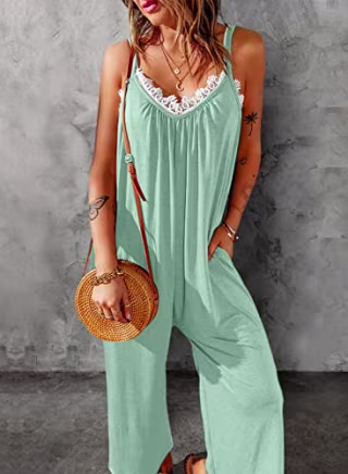 Dokotoo Women's Loose Jumpsuits for Women Adjustable Spaghetti Strap Stretchy Wide Leg Solid One Piece Sleeveless Long Pant Romper Jumpsuit with Pockets Green Small