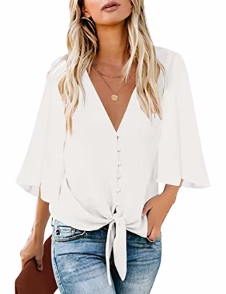 luvamia Women's Casual V Neck Tops 3/4 Sleeve Tie Knot Blouses Tops for Women Casual Elegant Womens Top Button Front Top White Size Medium Fits Size 8 / Size 10