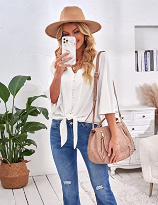 luvamia Women's Casual V Neck Tops 3/4 Sleeve Tie Knot Blouses Tops for Women Casual Elegant Womens Top Button Front Top White Size Medium Fits Size 8 / Size 10