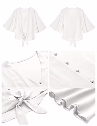 luvamia Women's Casual V Neck Tops 3/4 Sleeve Tie Knot Blouses Tops for Women Casual Elegant Womens Top Button Front Top White Size Medium Fits Size 8 / Size 10