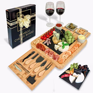 Bamboo Cheese Board and Knife Set Ceramic Bowls Wine Opener, Durawe