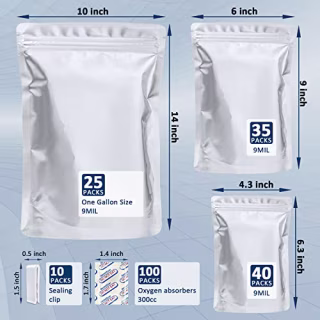 100 Pack Mylar Bags for Food Storage with 100x300cc Oxygen Absorbers - 9 Mil 10"x14" 6"x9" 4.3"x6.3" - Resealable Bags for Packaging Products &amp; Ziplock Food Grade Bags for Storage