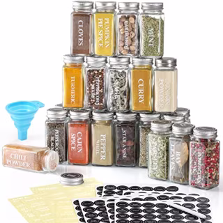 AOZITA 24 Pcs Glass Spice Jars with Labels - 4oz Empty Square Spice Bottles Containers, Condiment Pot - Shaker Lids and Airtight Metal Caps - Silicone Collapsible Funnel Included