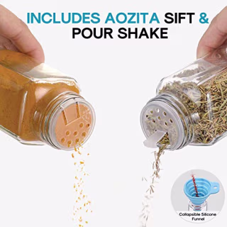 AOZITA 24 Pcs Glass Spice Jars with Labels - 4oz Empty Square Spice Bottles Containers, Condiment Pot - Shaker Lids and Airtight Metal Caps - Silicone Collapsible Funnel Included