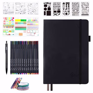 Bullet Dotted Journal Kit, Feela A5 Dotted Bullet Grid Journal Set with 224 Pages Black Notebook, Fineliner Colored Pens, Stencils, Stickers, Washi Tape, Black Pen for Diary Schedule Planner Draw