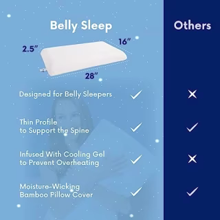 Belly Sleep Belly Pillow for Stomach & Back Sleeper - Thin, Flat, & Ergonomic Pillows for Sleeping - Cooling Gel Memory Foam Pillow with Cover - Stomach Sleeper Pillow