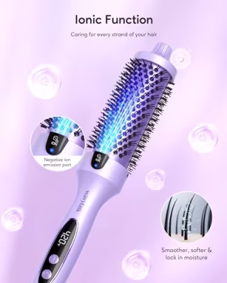 Wavytalk Thermal Brush, Blowout Boost 1.5 inch Heated Round Brush for Blowout Look, Negative Ion Technology, Ceramic Tourmaline, 5 Temperature Settings, Dual Voltage, Purple, Less Damage