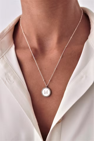 Pearl Letter Necklace, Mother Of Pearl Necklace, Custom Necklace, Silver Coin Necklace, Silver Initial Necklace, Silver Pearl Necklace