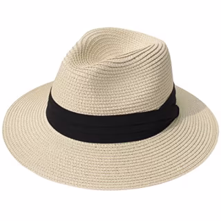 Lanzom Women Wide Brim Straw Panama Roll up Hat Fedora Beach Sun Hat UPF50+ (Khaki) One Size