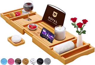 ROYAL CRAFT WOOD Luxury Bathtub Caddy Tray, 1 or 2 Person Bath and Bed Tray, Bath Tub Table Caddy with Extending Sides - Free Soap Dish (Natural)