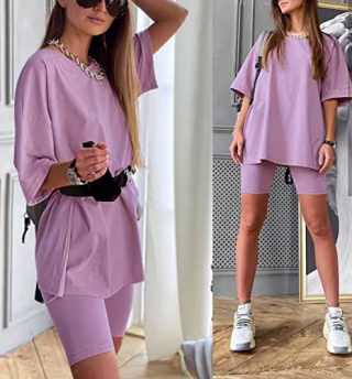 2 Piece Casual Oversized T-Shirt Top Biker Shorts Tracksuit