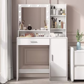 Palimder Vanity Desk with Mirror & Light, Large Drawer & Three Level Storage Dresser