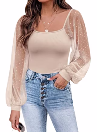 DOROSE Womens Mesh Long Sleeve Shirts Casual Blouses Tops Beige M