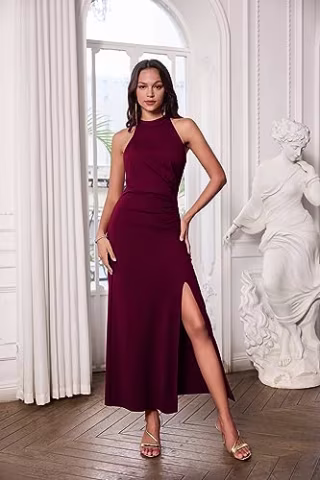 Formal Dresses Wedding Guest Halter Neck Bodyon Dress Wine Red