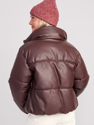 Mock-Neck Faux-Leather Puffer Jacket