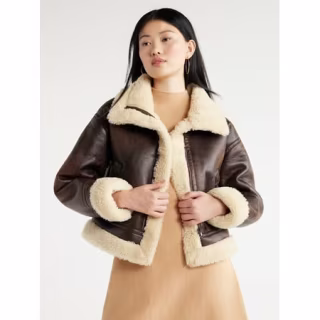 Faux Suede Cropped Bomber Jacket with Faux Sherpa Lining