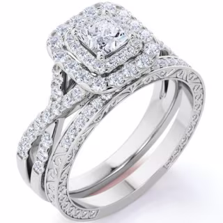 Square Moissanite Double Halo Wedding Ring Set in 18K White Gold over Silver