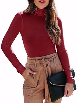Women's Long Sleeve Ribbed Turtleneck Leotard Stretchy Sweater Bodysuit Basic Tops