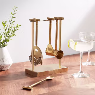 5 Piece Metal Bar Tool Set with Stand Gold