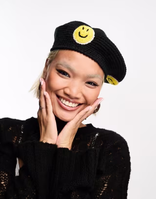 Asos Design Happy Face Crochet Knit Beret