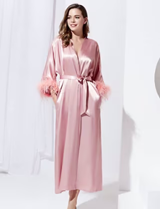 PRODESIGN Satin Robe with Feather Trim